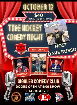 Flier, with a red stage curtain, microphones, and promo shots of comedians